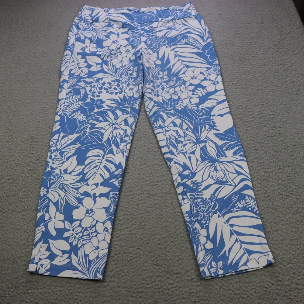 J McLaughlin Pants Womens Medium Blue White Floral Catalina Cloth Pull On Capri
